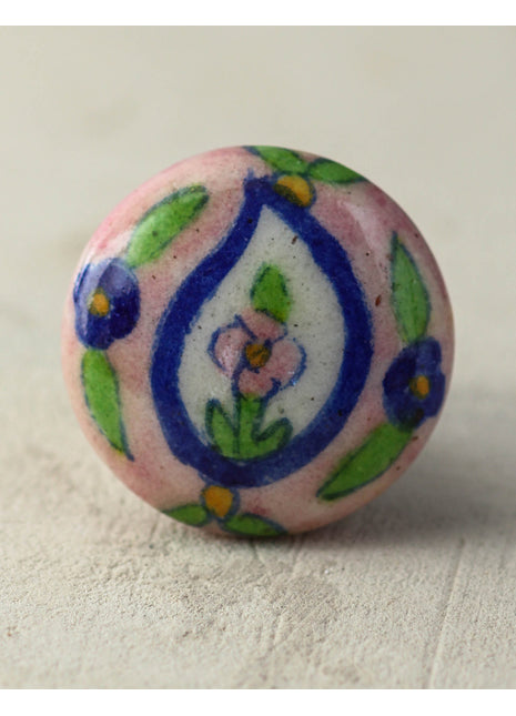 Handmade Pink Ceramic Knob With Blue And Green Design
