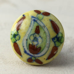 Handmade Yellow Ceramic Door Knob With Brown And Green Design