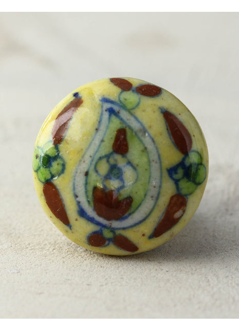 Handmade Yellow Ceramic Door Knob With Brown And Green Design