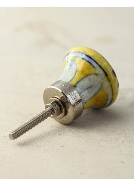 Handmade Yellow Ceramic Door Knob With Brown And Green Design