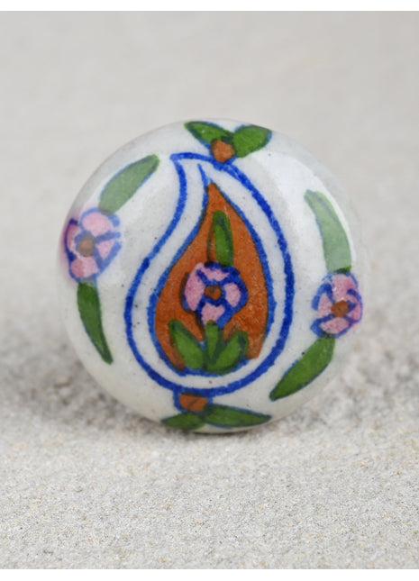 Handmade White Ceramic Knob With Brown And Green Design