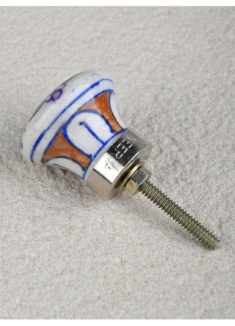 Handmade White Ceramic Knob With Brown And Green Design