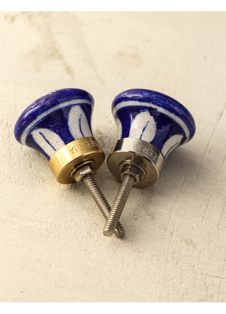 Blue Handmade Dresser Cabinet Knob With White Leaves