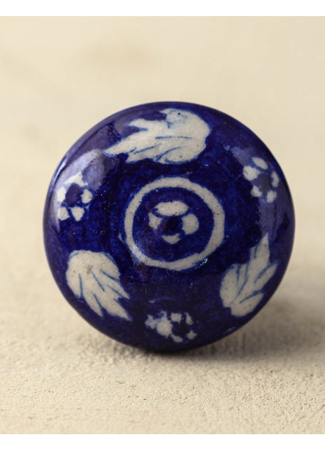 Blue Handmade Dresser Cabinet Knob With White Leaves