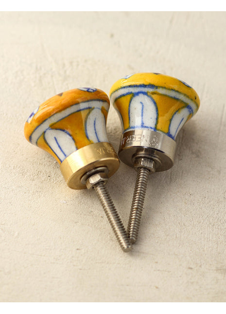 Handmade Yellow Door Knob With Brown And Blue Flower
