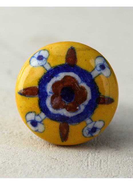 Handmade Yellow Door Knob With Brown And Blue Flower
