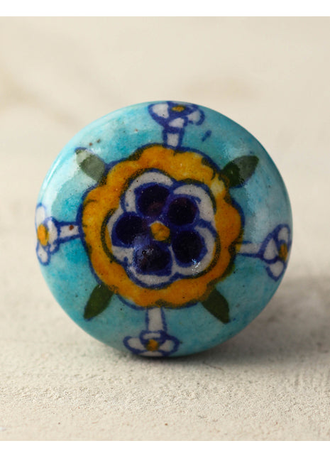 Turquoise Handmade Door Knob With Yellow And Blue Print