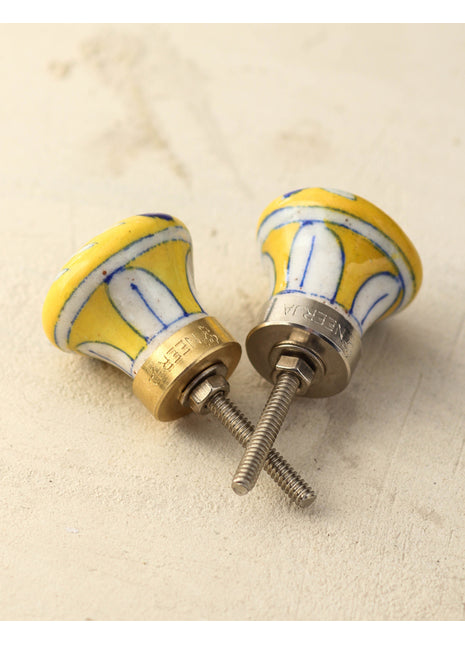 Handmade Yellow Ceramic Door Knob With Blue And White Design