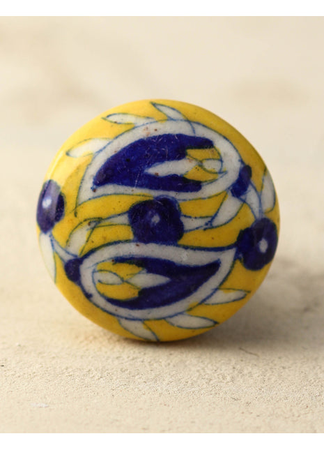 Handmade Yellow Ceramic Door Knob With Blue And White Design