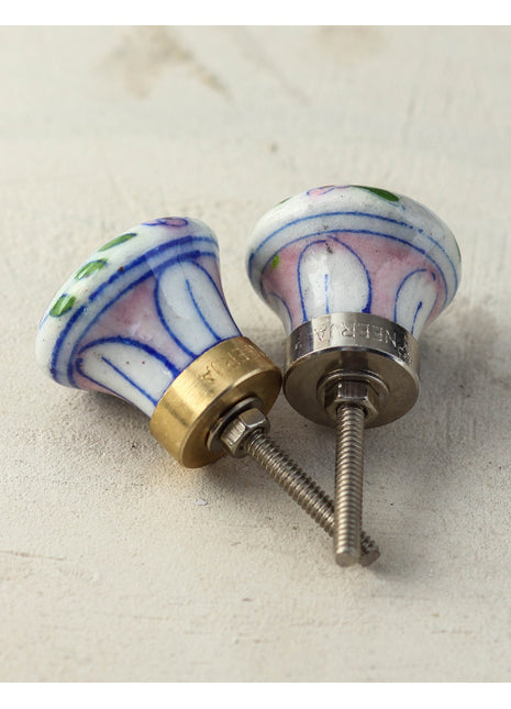 Handmade White Ceramic Drawer Knob With Multicolor Print
