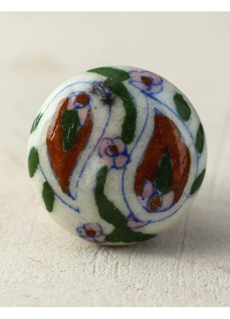 Handmade White Ceramic Drawer Knob With Multicolor Print