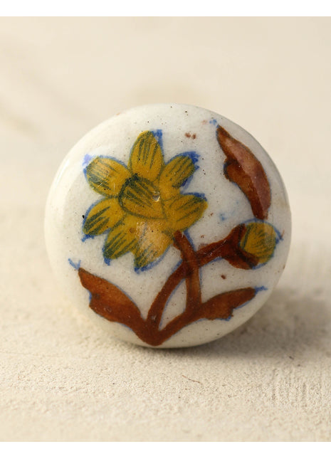Blue Pottery White Knob with Yellow Flowers and Brown Leaves