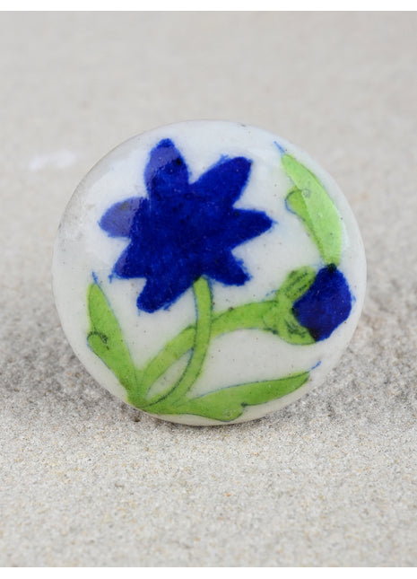 Elegant White Blue Pottery Knob With Blue Flower
