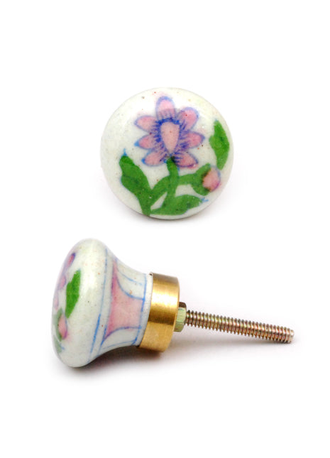 Elegant White Blue Pottery Knob With Pink Flower