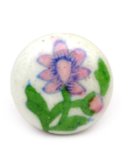 Elegant White Blue Pottery Knob With Pink Flower