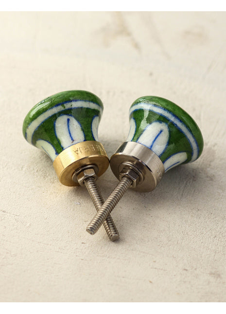 Designer Green Door Blue Pottery Knob With Yellow Flower