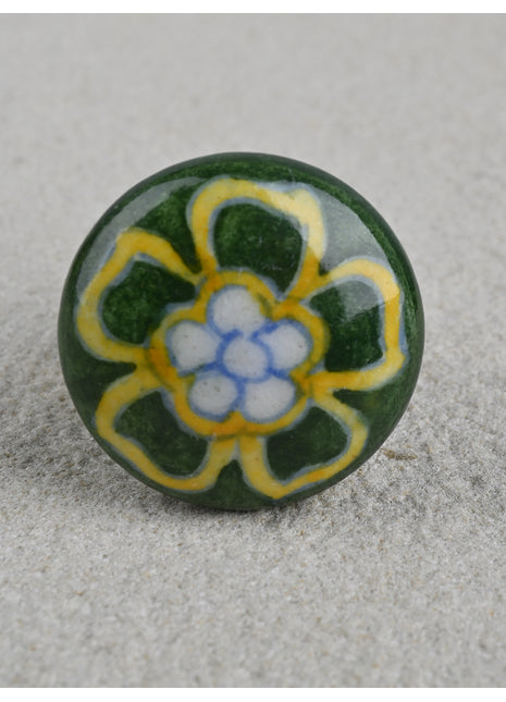 Designer Green Door Blue Pottery Knob With Yellow Flower