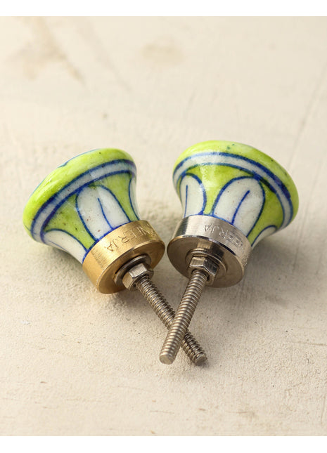Lime Green Door Blue Pottery Knob With Turquoise Flower