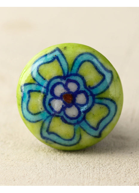 Lime Green Door Blue Pottery Knob With Turquoise Flower