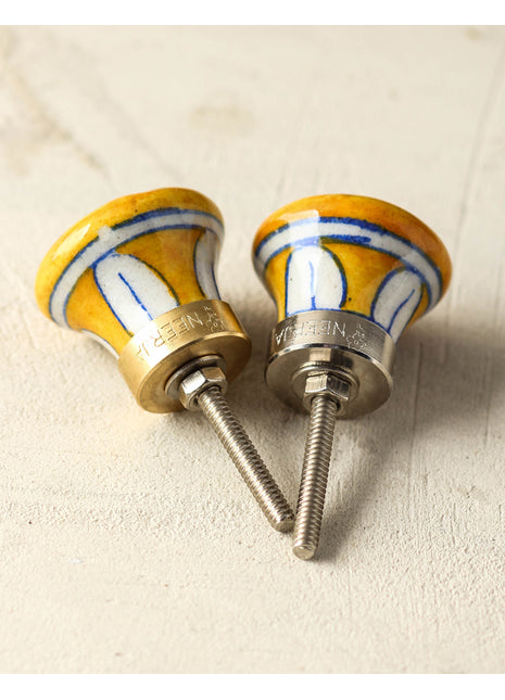 Stylish Yellow Door Blue Pottery Knob With White Flower