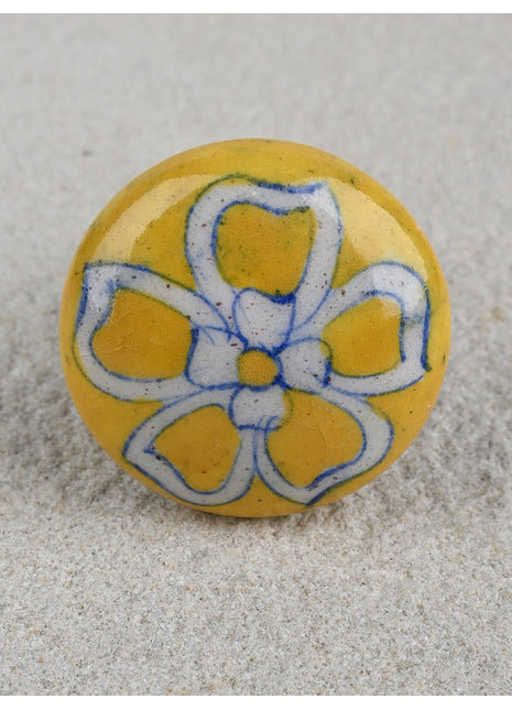Stylish Yellow Door Blue Pottery Knob With White Flower