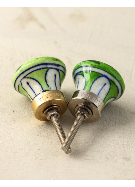 Green Ceramic Blue Pottery Drawer Knob With Blue Flower