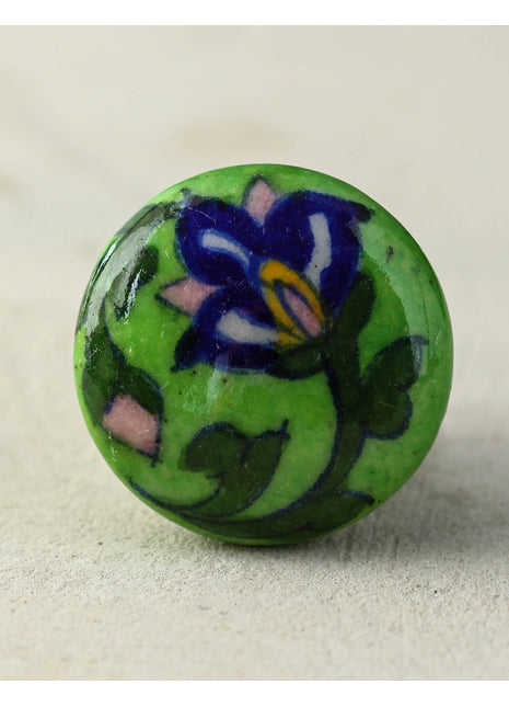 Green Ceramic Blue Pottery Drawer Knob With Blue Flower