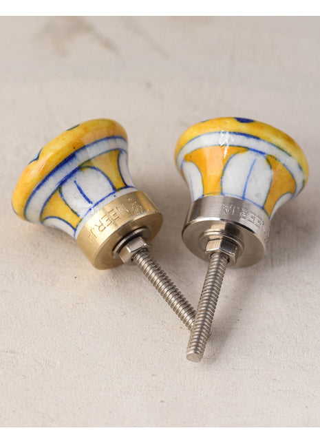 Yellow Base Ceramic Blue Pottery Knob With Hand Painted Bird