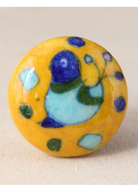 Yellow Base Ceramic Blue Pottery Knob With Hand Painted Bird