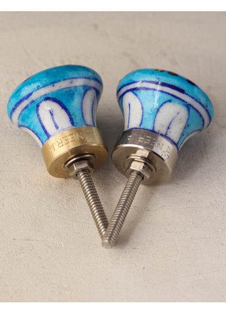 Turquoise Base Ceramic Blue Pottery Knob With Hand Painted Bird