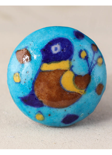 Turquoise Base Ceramic Blue Pottery Knob With Hand Painted Bird
