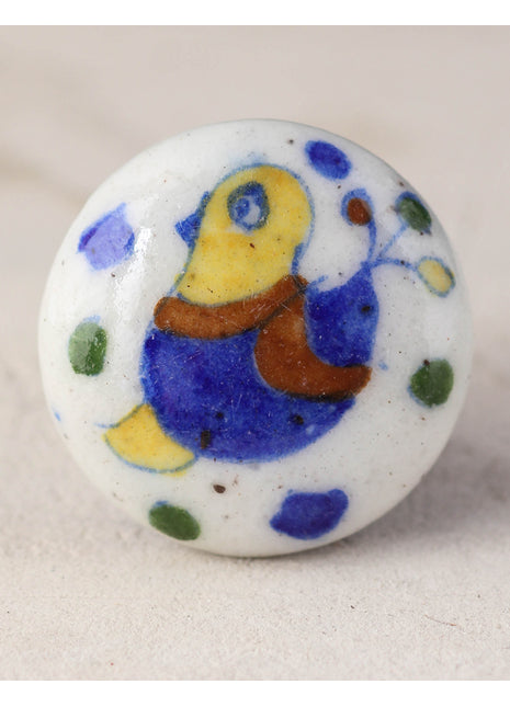 White Base Ceramic Blue Pottery Knob With Hand Painted Bird