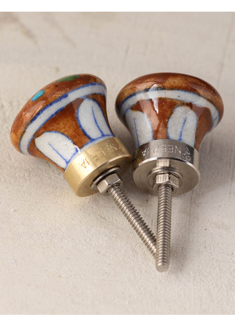 Brown Ceramic Blue Pottery Door Knob With Hand Painted Bird