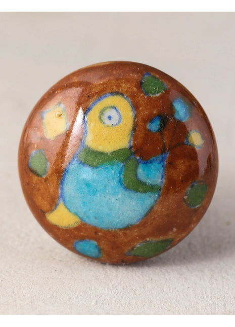 Brown Ceramic Blue Pottery Door Knob With Hand Painted Bird