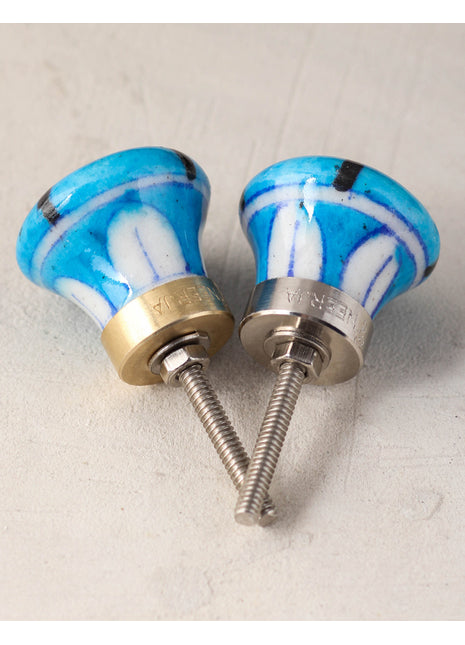 Turquoise Ceramic Blue Pottery Knob With Black And Yellow Patchwork