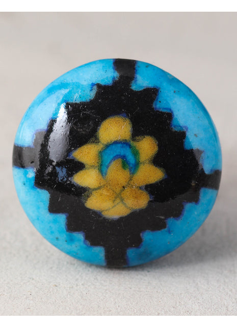 Turquoise Ceramic Blue Pottery Knob With Black And Yellow Patchwork