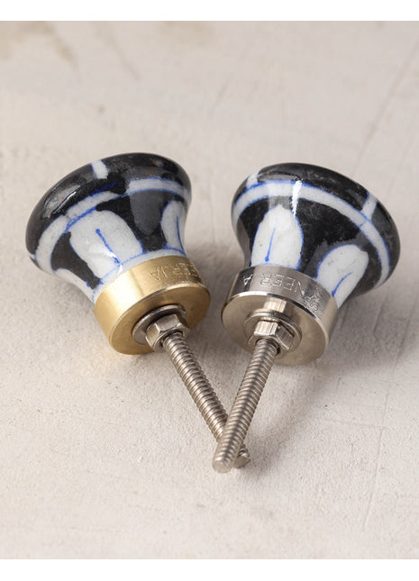 Black And White Ceramic Blue Pottery Knob With Brown Patchwork