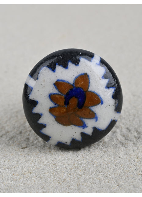 Black And White Ceramic Blue Pottery Knob With Brown Patchwork