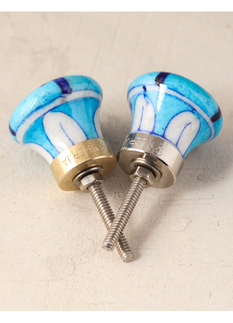 Turquoise And Blue Ceramic Blue Pottery Knob With Yellow Patchwork