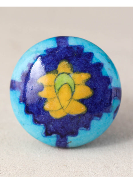 Turquoise And Blue Ceramic Blue Pottery Knob With Yellow Patchwork