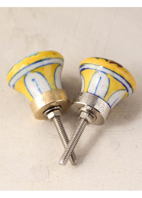 Yellow Ceramic Blue Pottery Knob With Turquoise And Green Floral Print