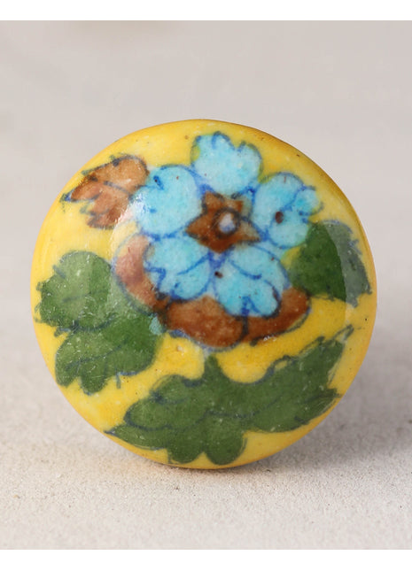 Yellow Ceramic Blue Pottery Knob With Turquoise And Green Floral Print