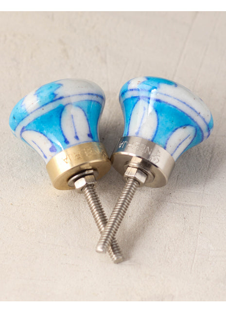 Zigzag Turquoise And White Ceramic Blue Pottery Dresser Cabinet Knob