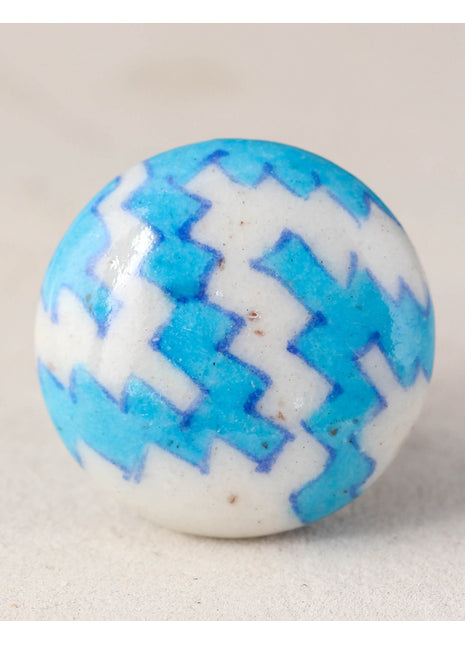 Zigzag Turquoise And White Ceramic Blue Pottery Dresser Cabinet Knob