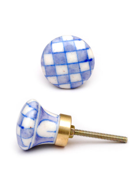 Purple and White Checkerboard Ceramic Blue Pottery Door Knob