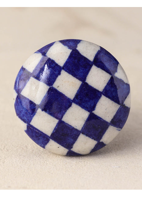 Blue and White Checkerboard Ceramic Blue Pottery Dresser Cabinet Knob
