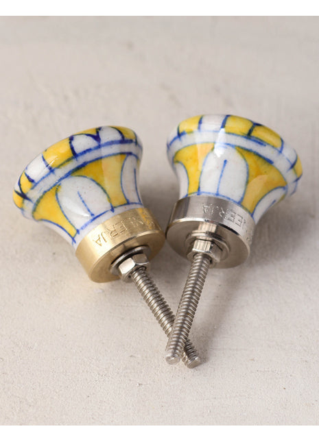 Yellow and White Checkerboard Blue Pottery Cabinet Knob