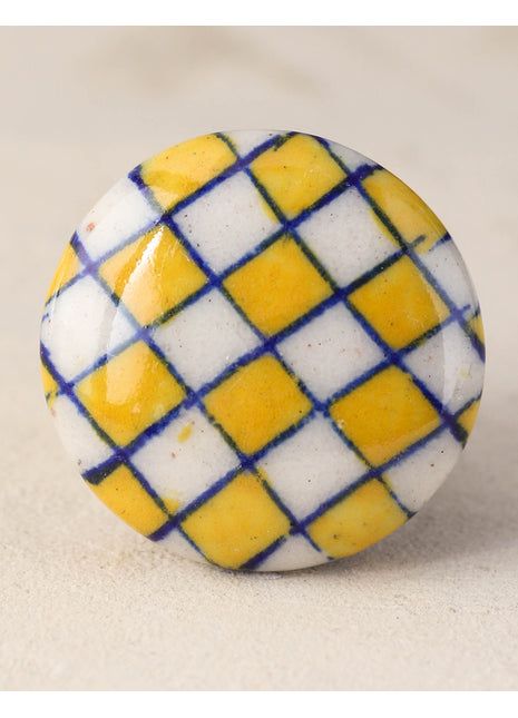 Yellow and White Checkerboard Blue Pottery Cabinet Knob