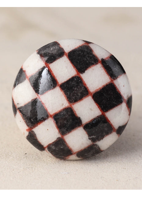 Stylish Black And White Checkerboard Blue Pottery Drawer Knob