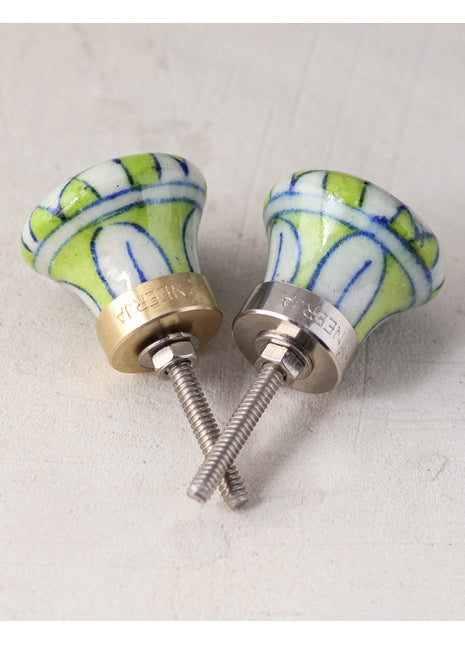 Lime Green And White Checkerboard Ceramic Blue Pottery Drawer Knob